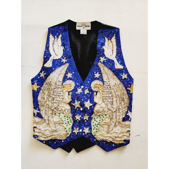 Vintage Bali Gem  Sequin Vest Button Up Christmas Angel Holiday Religious Small - Picture 1 of 7